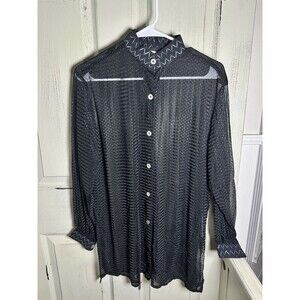 Gideon Oberson Button Down Black With Silver Metallic Sheer Blouse Sz S